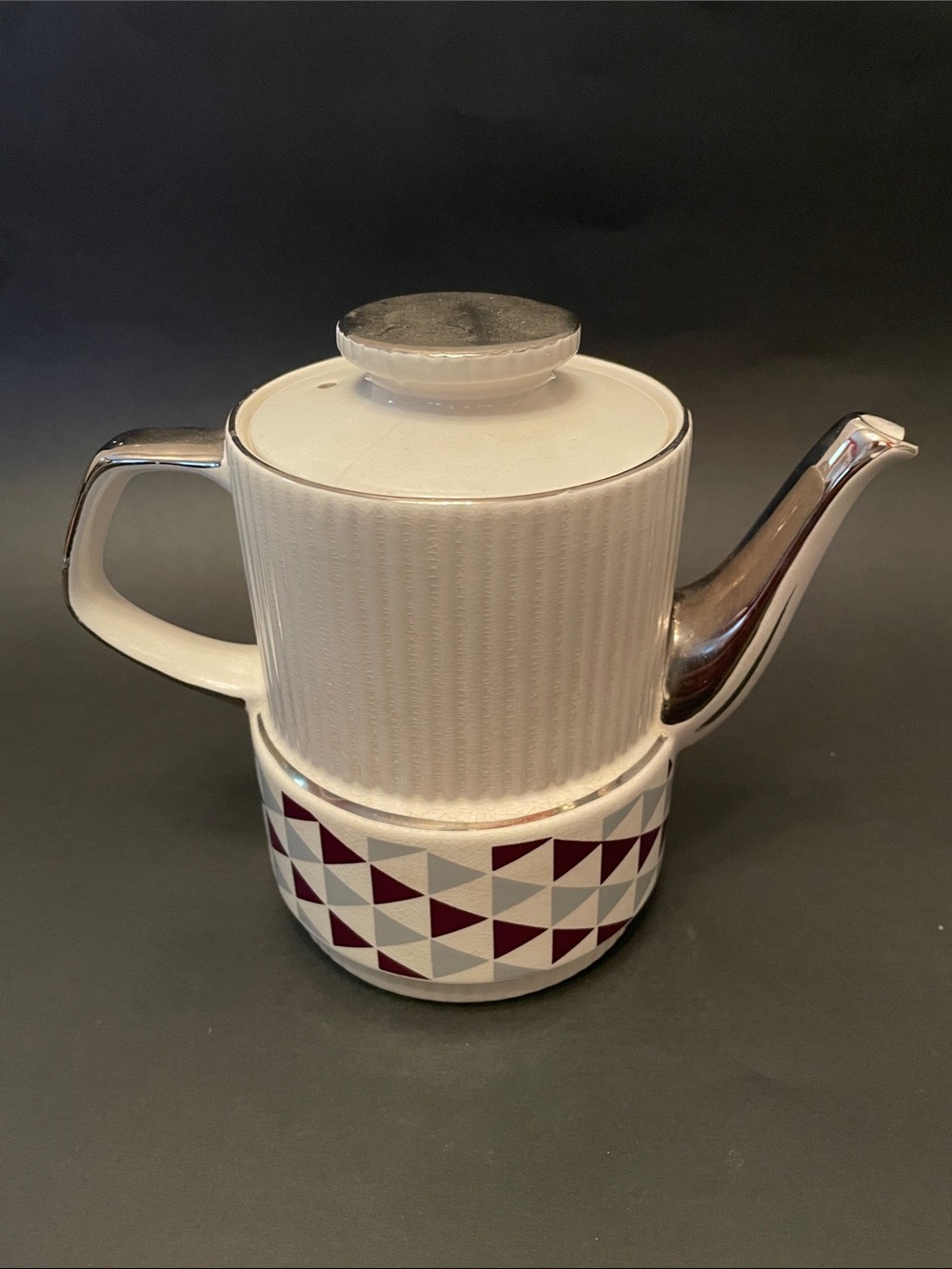GIBSONS Vintage MCM Ceramic Teapot Purple & Gray Geometric Band & Silver Details